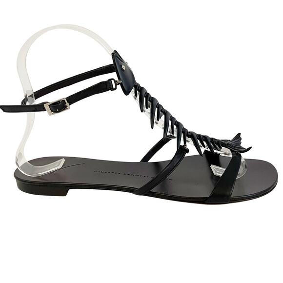 Giuseppe Zanotti Black Leather Fishbone Flat Ankle Strap Sandals IT 37.5 - Picture 4 of 12